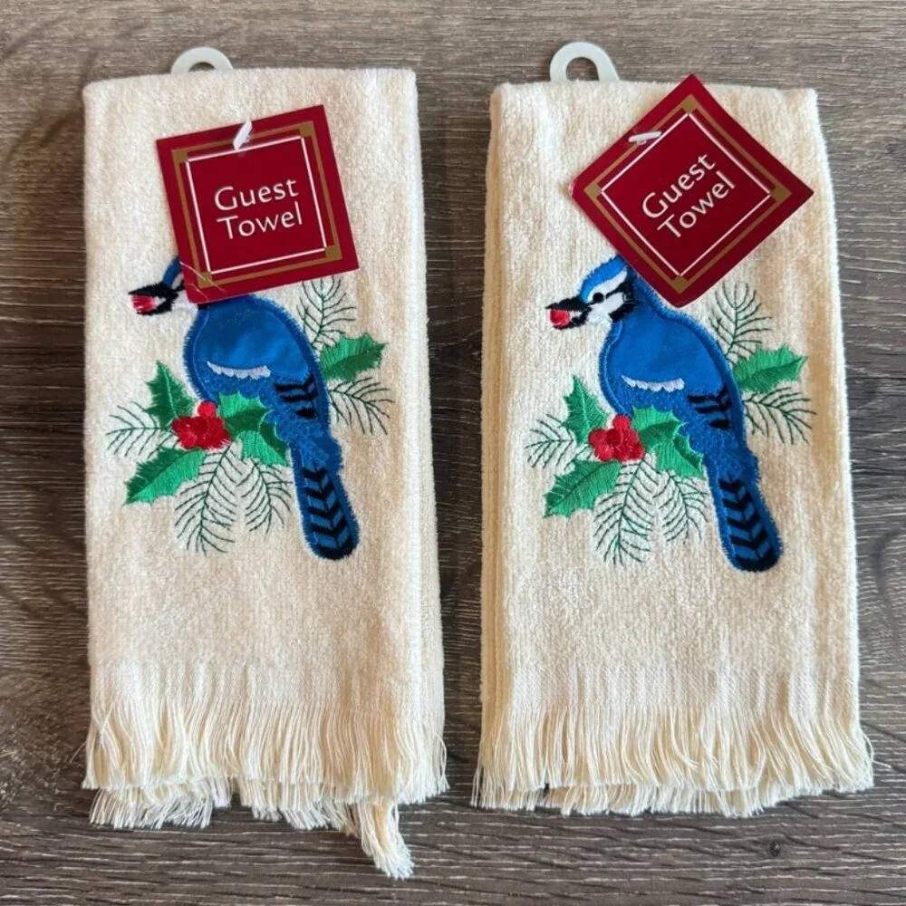 Set of 2 Vintage Holiday Christmas Embroidered Bird Guest Towel 16